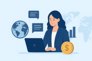 A professional woman working on a laptop with global business icons, symbolizing outsourced accounting services for remote founders and global entrepreneurs.