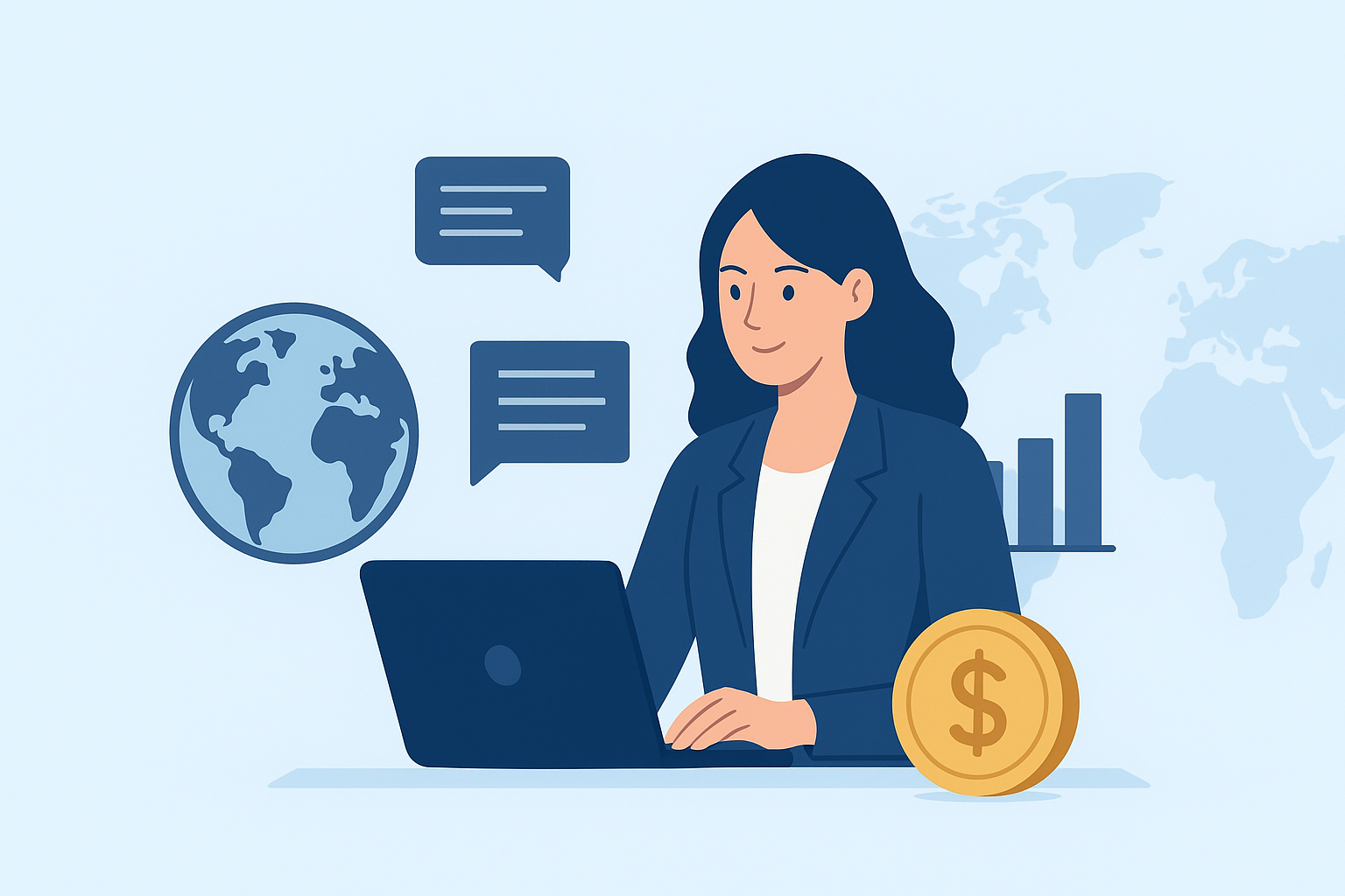 A professional woman working on a laptop with global business icons, symbolizing outsourced accounting services for remote founders and global entrepreneurs.