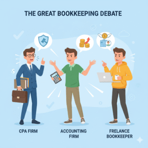 Illustration comparing bookkeeping costs between CPA firms, accounting firms, and freelance bookkeepers in the USA.