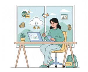 Remote bookkeeper working online using a laptop and cloud accounting software in 2025.