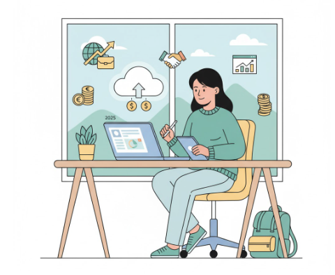 Remote bookkeeper working online using a laptop and cloud accounting software in 2025.