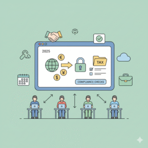 Remote payroll compliance illustration showing cross-border payments and risk management workflows