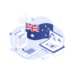 Illustration of Australia tax system with financial documents and Australian flag.