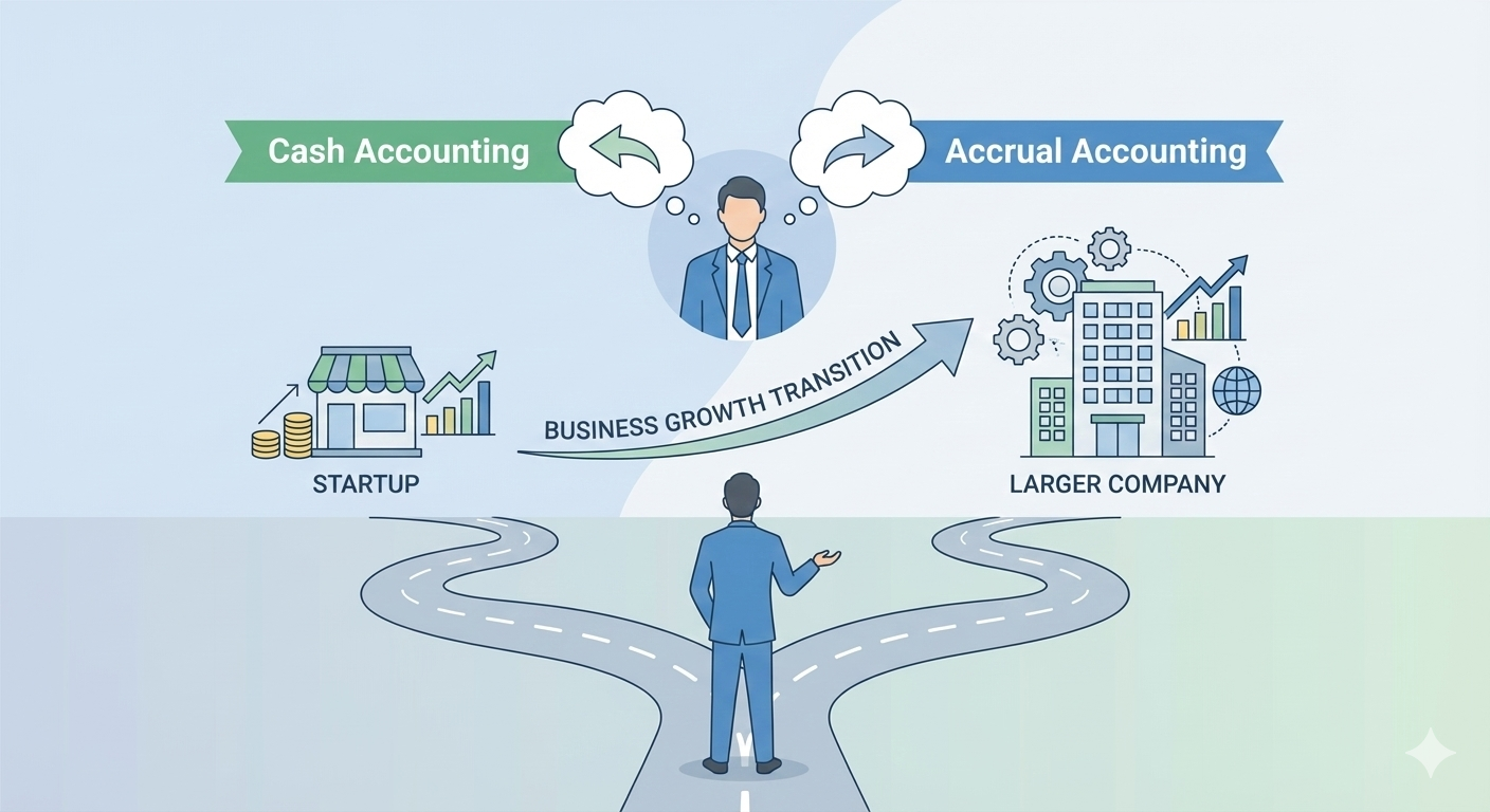 Accrual vs cash accounting comparison for different business growth stages