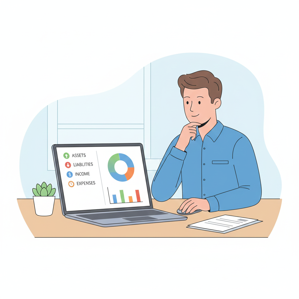 Illustration of a business owner managing a structured Chart of Accounts on a laptop.