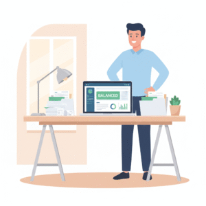 Clean bookkeeping setup showing organized financial documents and cost savings visualization