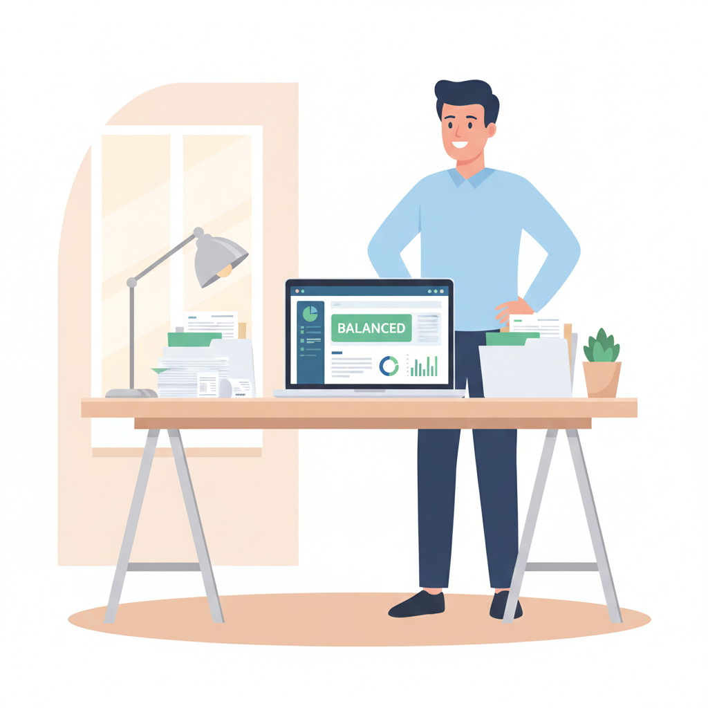 Clean bookkeeping setup showing organized financial documents and cost savings visualization