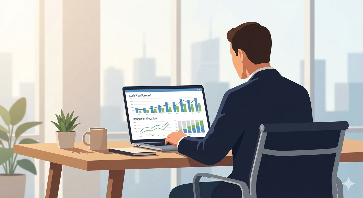 Business leader reviewing cash flow forecast before making layoff decisions