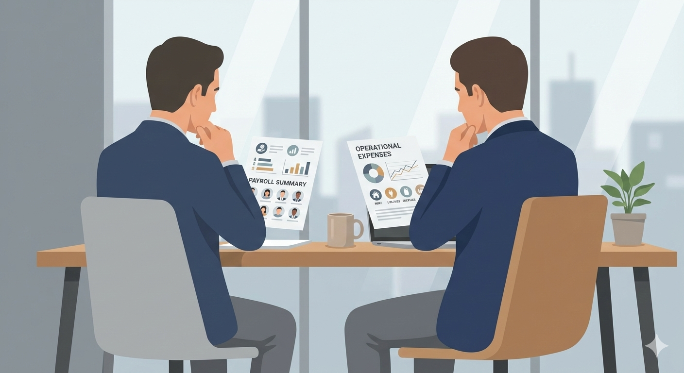 Business owner analyzing payroll and operational costs before making cost cutting decisions