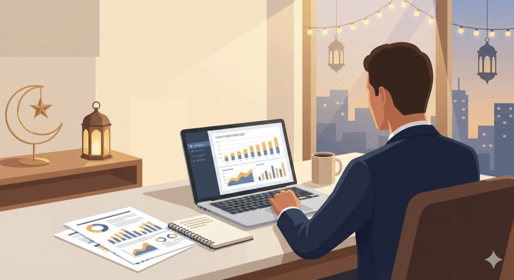 Business owner planning Ramadan cash flow strategy with financial forecasts