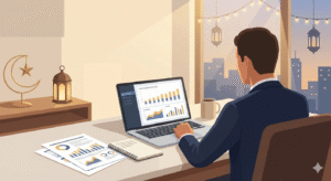 Business owner planning Ramadan cash flow strategy with financial forecasts