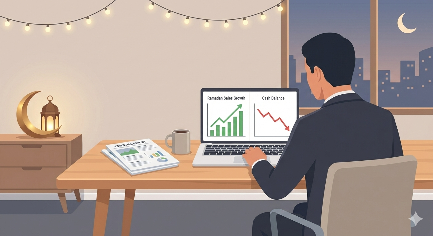 Business owner reviewing Ramadan sales growth and cash flow challenges