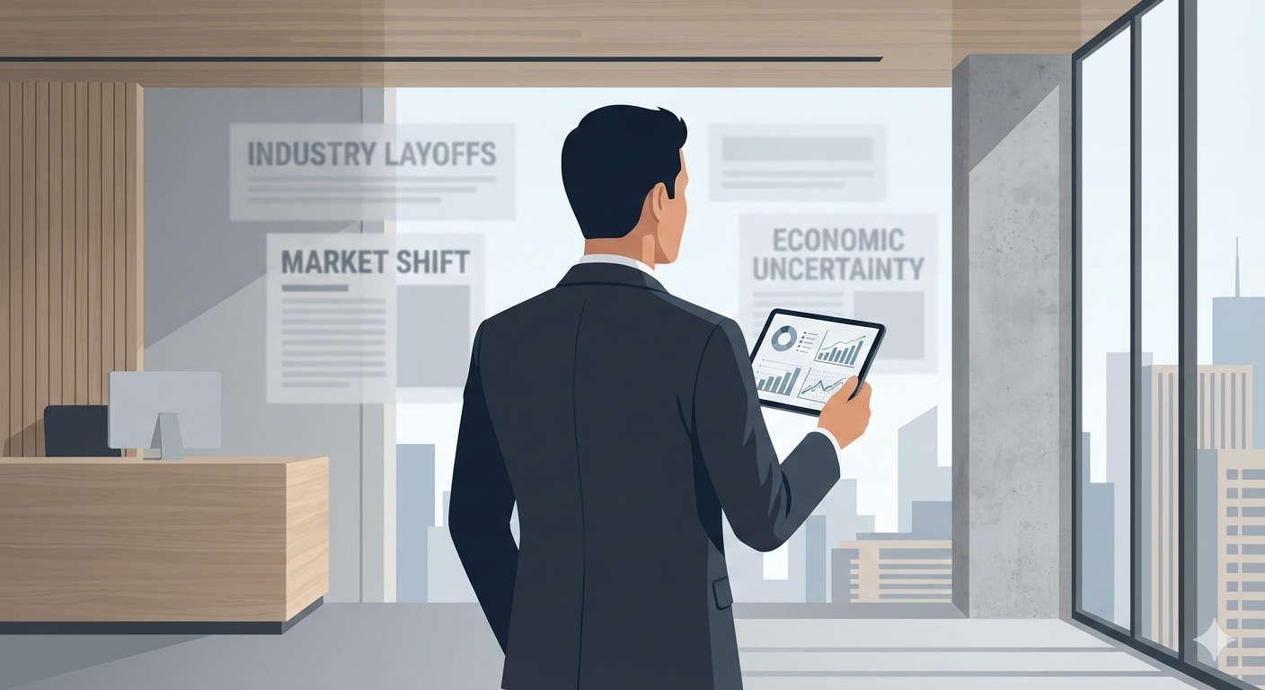 Business leader reviewing financial strategy during industry layoffs