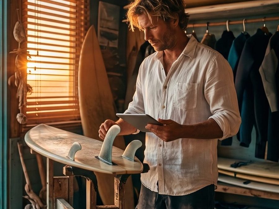 Surf school owner checking a rental board and records on a tablet